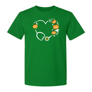 Nurse Halloween T-Shirt, Stethoscope Heart with Pumpkins, Bats and Spiderwebs for Healthcare Workers