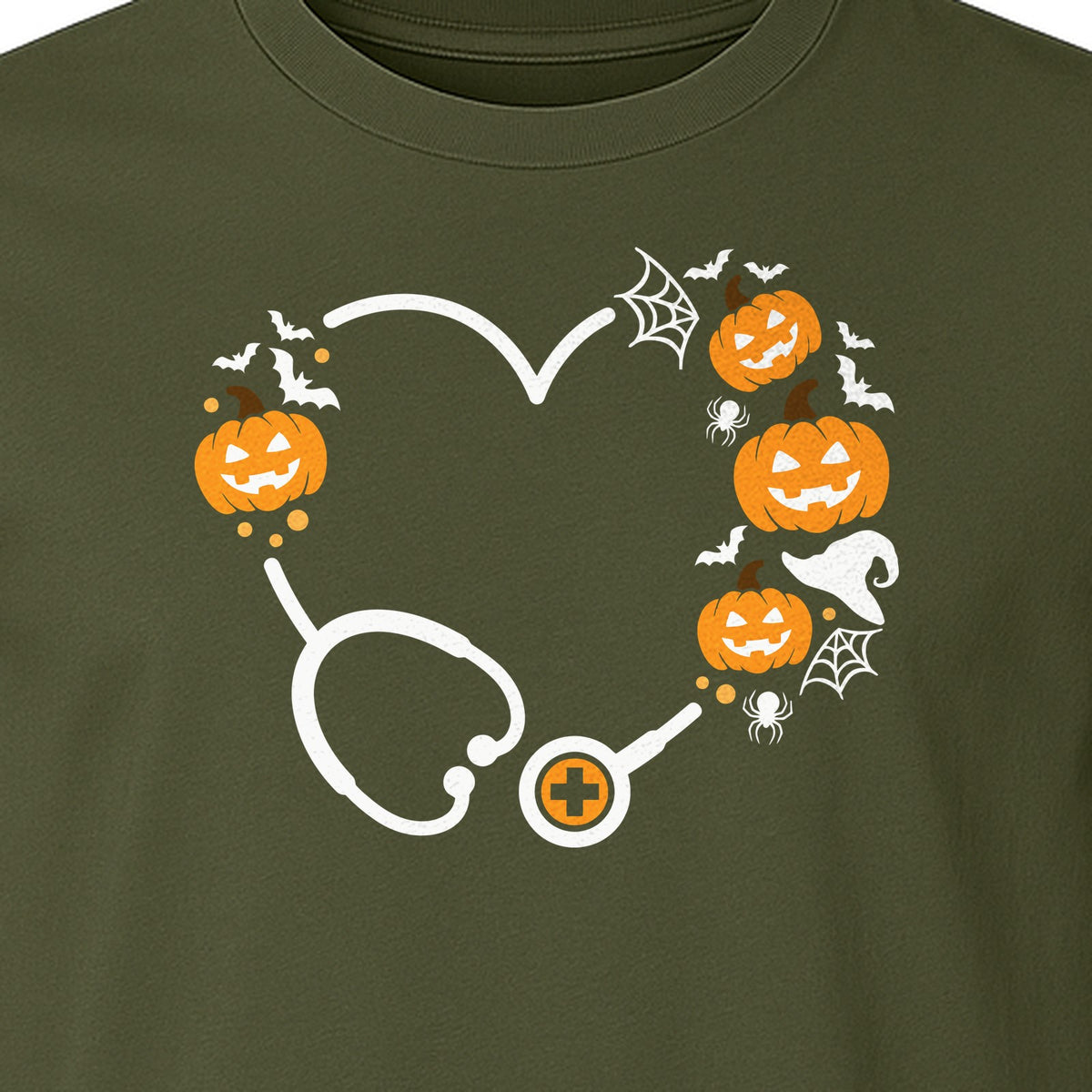 Nurse Halloween T-Shirt, Stethoscope Heart with Pumpkins, Bats and Spiderwebs for Healthcare Workers