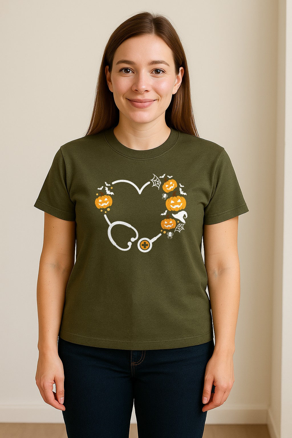 Nurse Halloween T-Shirt, Stethoscope Heart with Pumpkins, Bats and Spiderwebs for Healthcare Workers