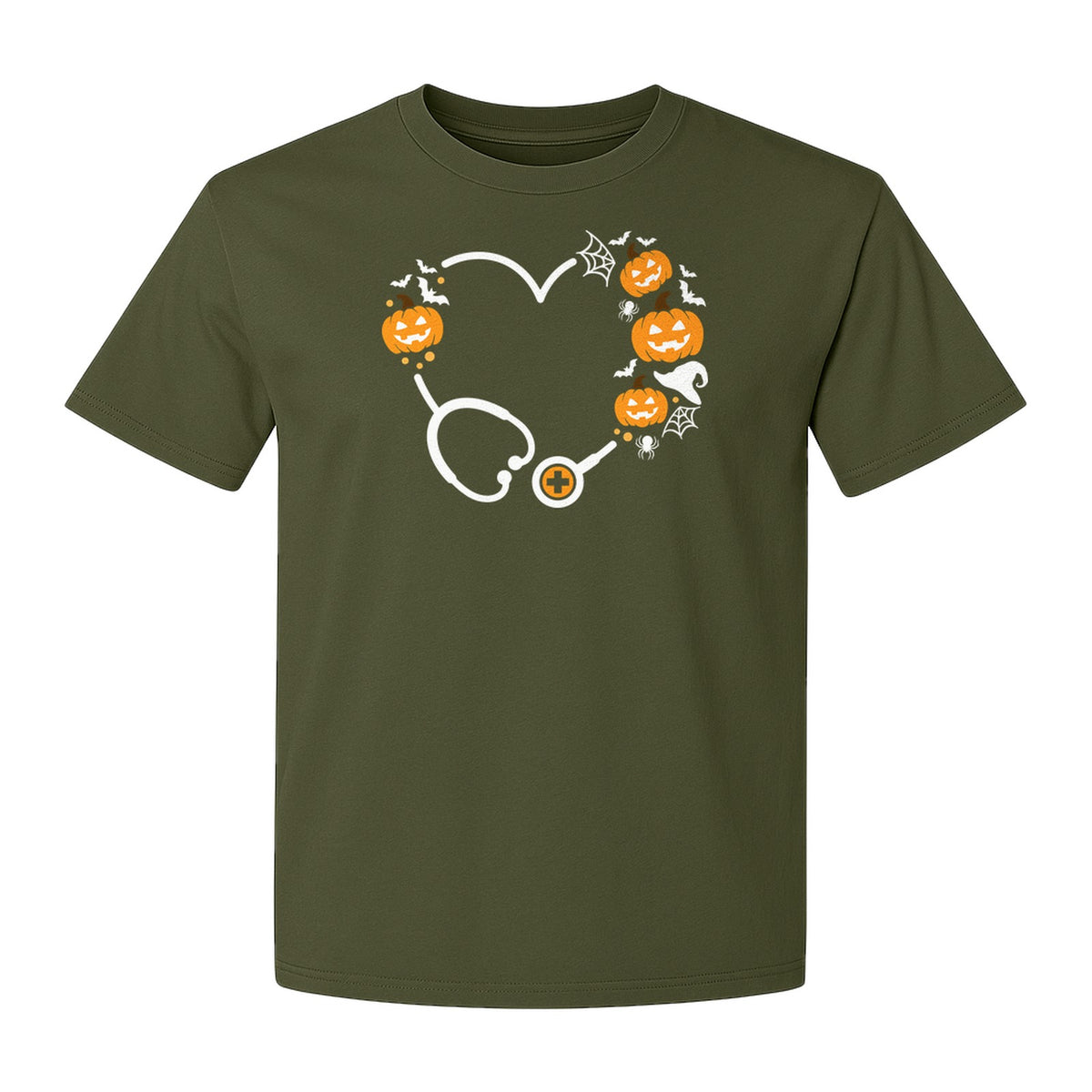 Nurse Halloween T-Shirt, Stethoscope Heart with Pumpkins, Bats and Spiderwebs for Healthcare Workers