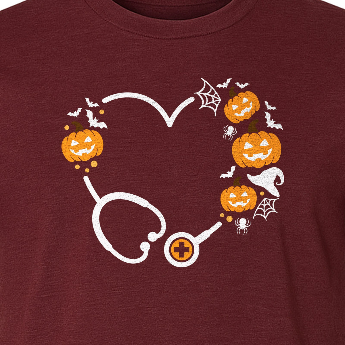 Nurse Halloween T-Shirt, Stethoscope Heart with Pumpkins, Bats and Spiderwebs for Healthcare Workers
