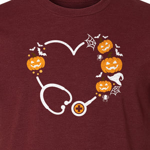 Nurse Halloween T-Shirt, Stethoscope Heart with Pumpkins, Bats and Spiderwebs for Healthcare Workers