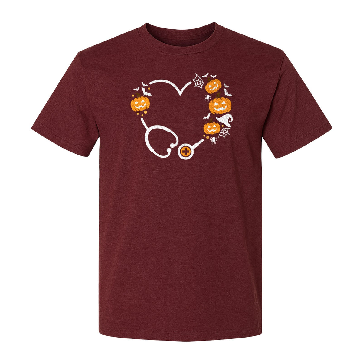 Nurse Halloween T-Shirt, Stethoscope Heart with Pumpkins, Bats and Spiderwebs for Healthcare Workers