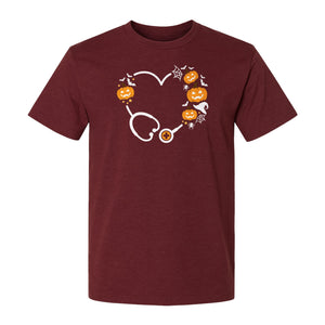 Nurse Halloween T-Shirt, Stethoscope Heart with Pumpkins, Bats and Spiderwebs for Healthcare Workers
