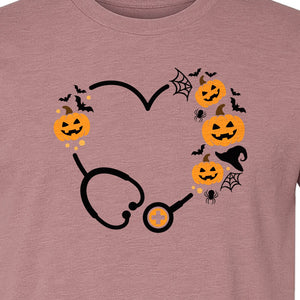 Nurse Halloween T-Shirt, Stethoscope Heart with Pumpkins, Bats and Spiderwebs for Healthcare Workers