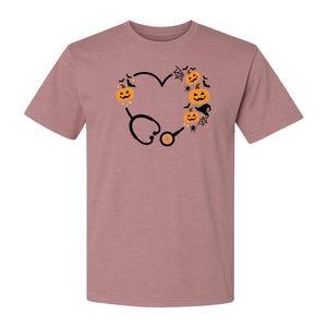 Nurse Halloween T-Shirt, Stethoscope Heart with Pumpkins, Bats and Spiderwebs for Healthcare Workers