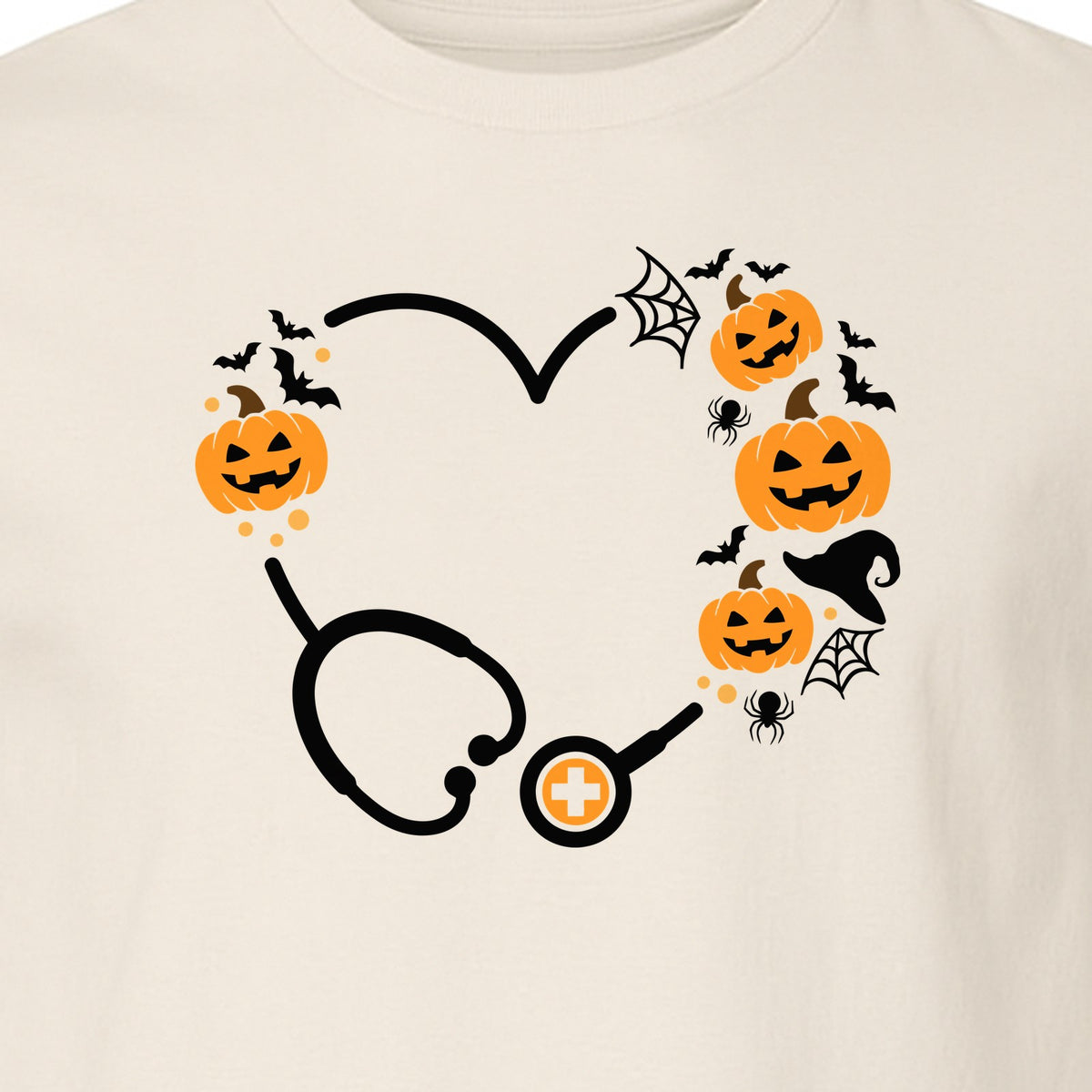 Nurse Halloween T-Shirt, Stethoscope Heart with Pumpkins, Bats and Spiderwebs for Healthcare Workers
