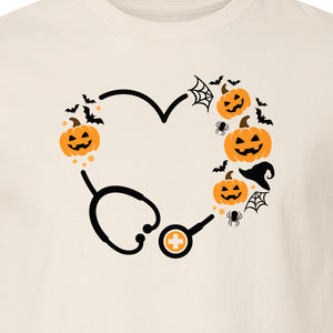 Nurse Halloween T-Shirt, Stethoscope Heart with Pumpkins, Bats and Spiderwebs for Healthcare Workers