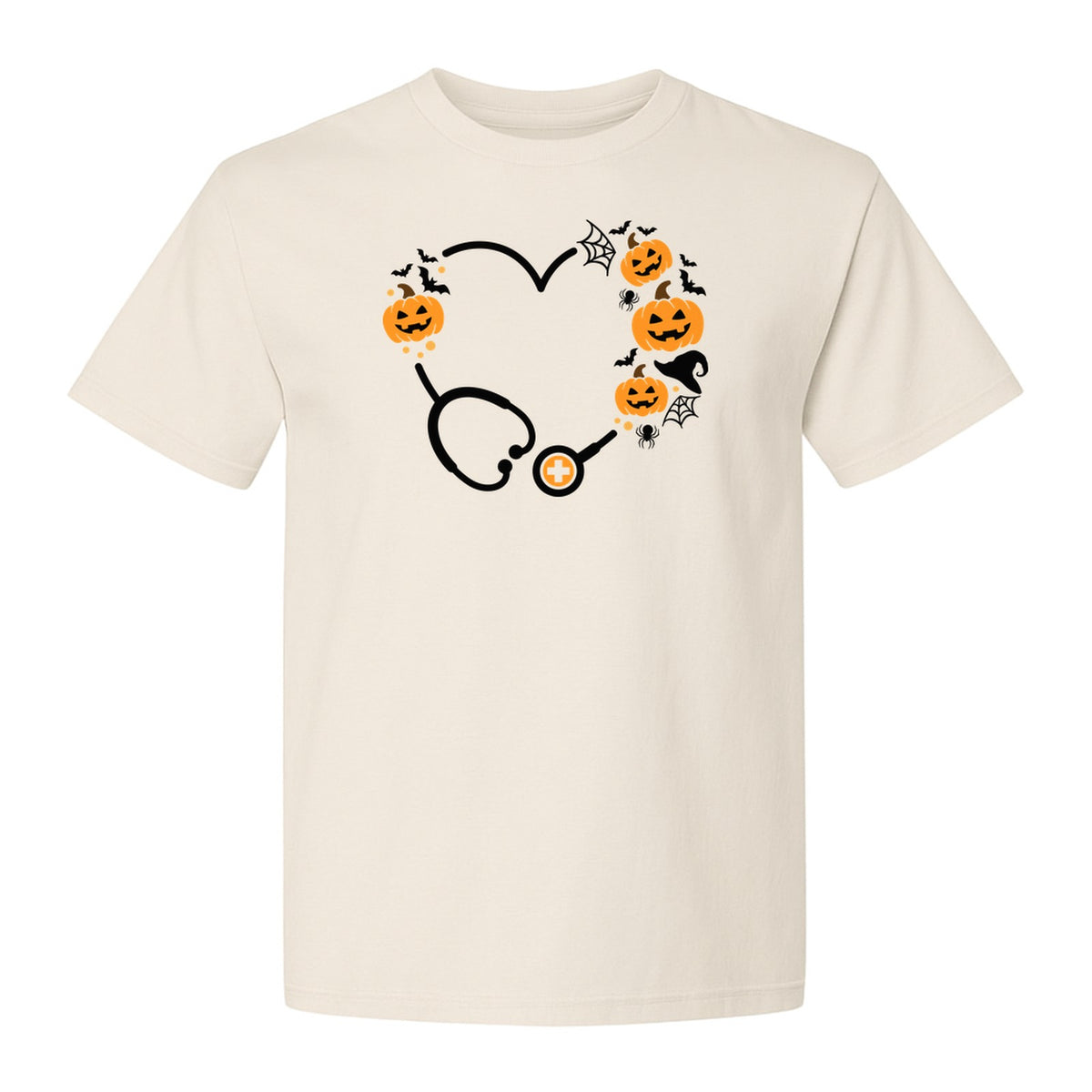 Nurse Halloween T-Shirt, Stethoscope Heart with Pumpkins, Bats and Spiderwebs for Healthcare Workers