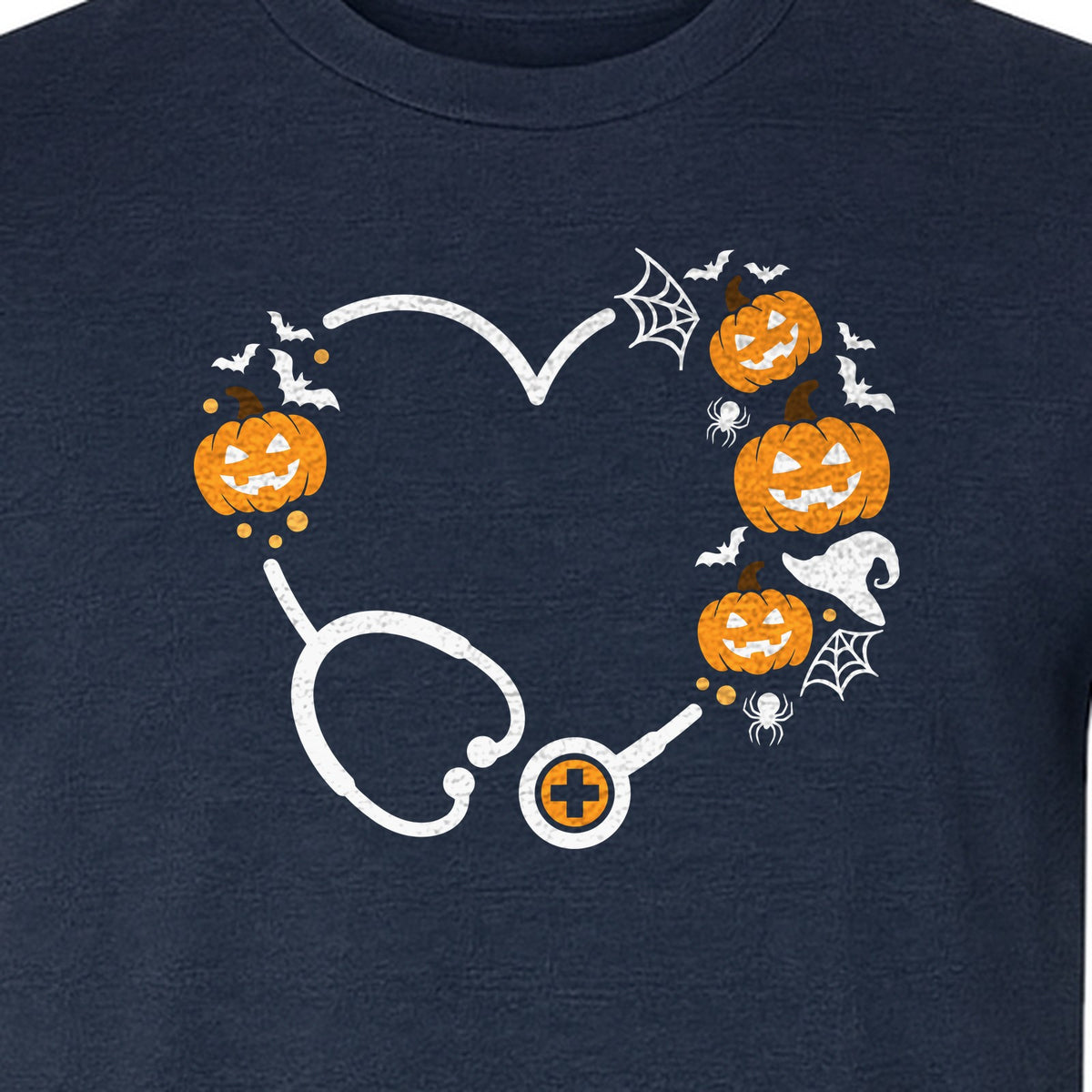 Nurse Halloween T-Shirt, Stethoscope Heart with Pumpkins, Bats and Spiderwebs for Healthcare Workers