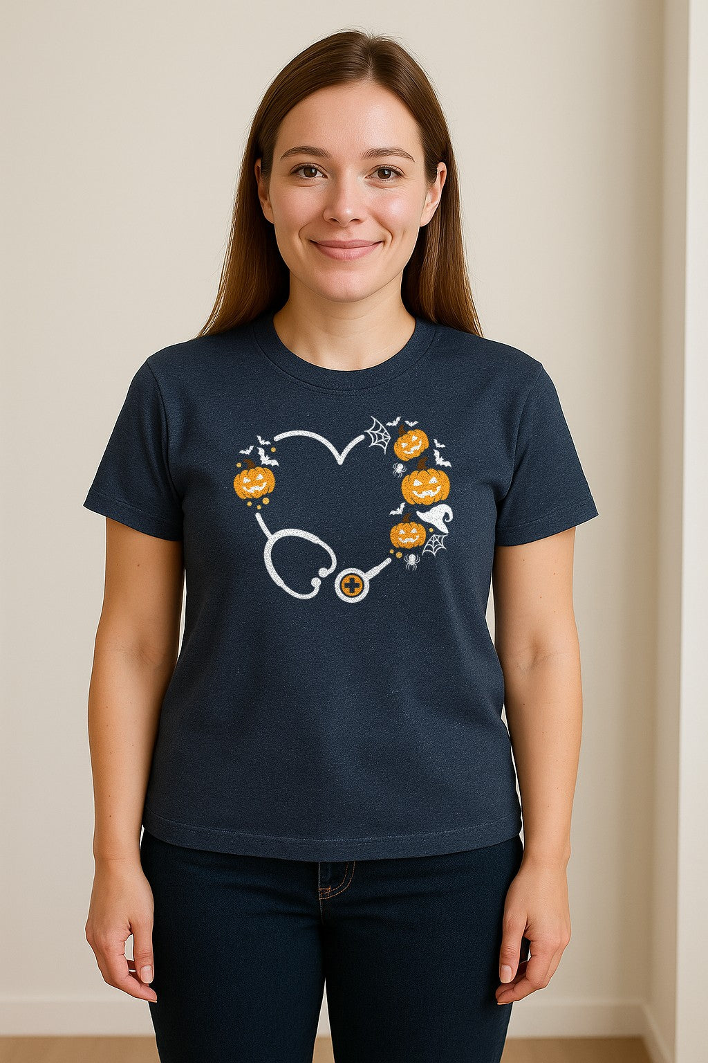 Nurse Halloween T-Shirt, Stethoscope Heart with Pumpkins, Bats and Spiderwebs for Healthcare Workers