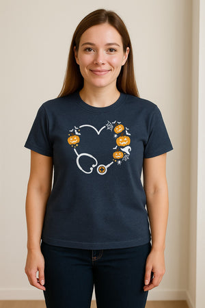 Nurse Halloween T-Shirt, Stethoscope Heart with Pumpkins, Bats and Spiderwebs for Healthcare Workers