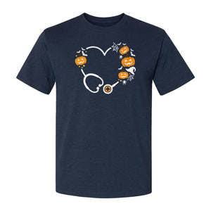 Nurse Halloween T-Shirt, Stethoscope Heart with Pumpkins, Bats and Spiderwebs for Healthcare Workers