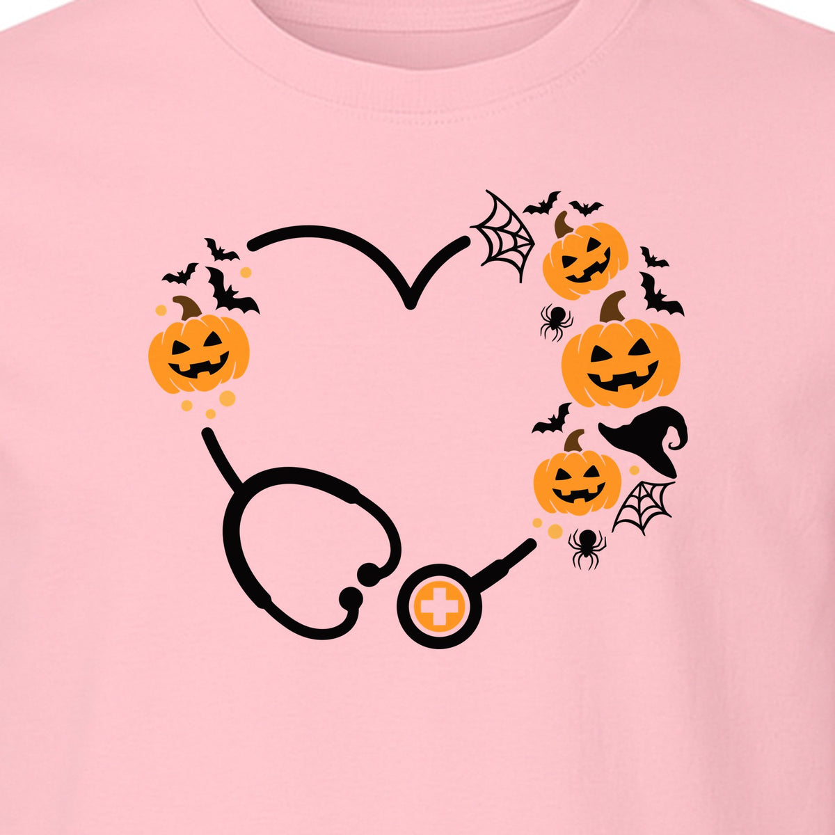 Nurse Halloween T-Shirt, Stethoscope Heart with Pumpkins, Bats and Spiderwebs for Healthcare Workers