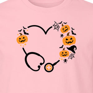 Nurse Halloween T-Shirt, Stethoscope Heart with Pumpkins, Bats and Spiderwebs for Healthcare Workers