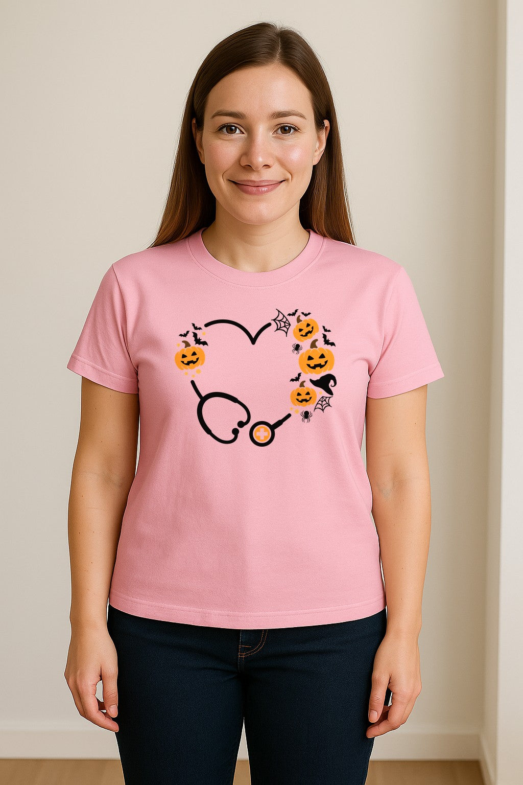 Nurse Halloween T-Shirt, Stethoscope Heart with Pumpkins, Bats and Spiderwebs for Healthcare Workers