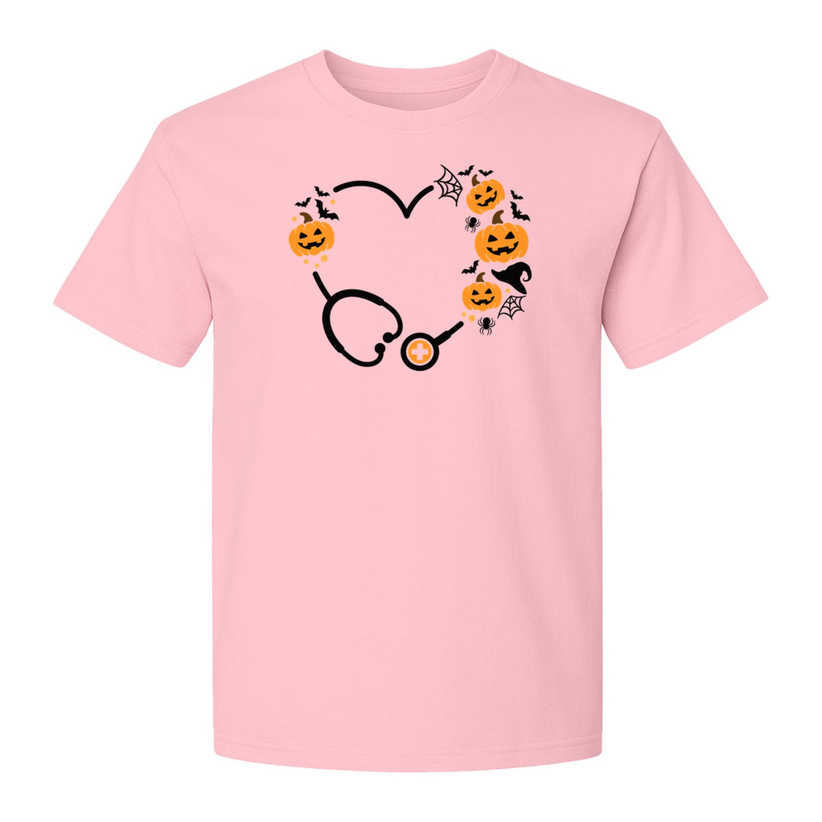 Nurse Halloween T-Shirt, Stethoscope Heart with Pumpkins, Bats and Spiderwebs for Healthcare Workers