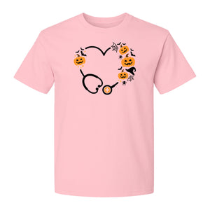 Nurse Halloween T-Shirt, Stethoscope Heart with Pumpkins, Bats and Spiderwebs for Healthcare Workers
