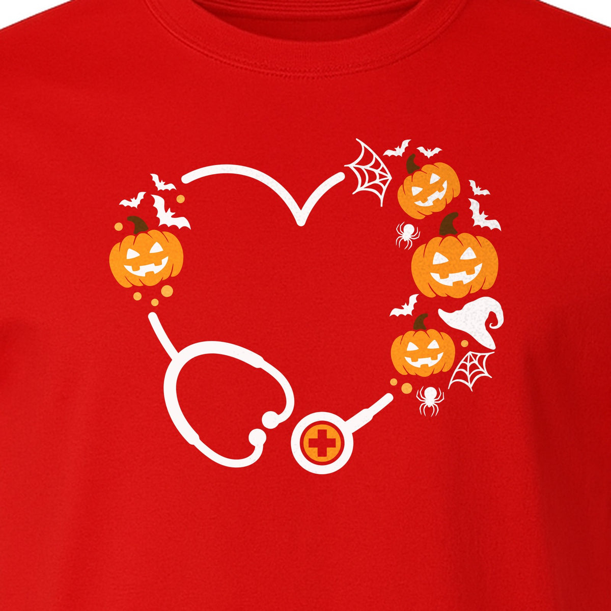 Nurse Halloween T-Shirt, Stethoscope Heart with Pumpkins, Bats and Spiderwebs for Healthcare Workers