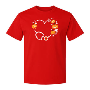 Nurse Halloween T-Shirt, Stethoscope Heart with Pumpkins, Bats and Spiderwebs for Healthcare Workers