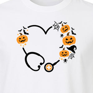 Nurse Halloween T-Shirt, Stethoscope Heart with Pumpkins, Bats and Spiderwebs for Healthcare Workers