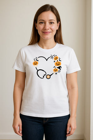 Nurse Halloween T-Shirt, Stethoscope Heart with Pumpkins, Bats and Spiderwebs for Healthcare Workers