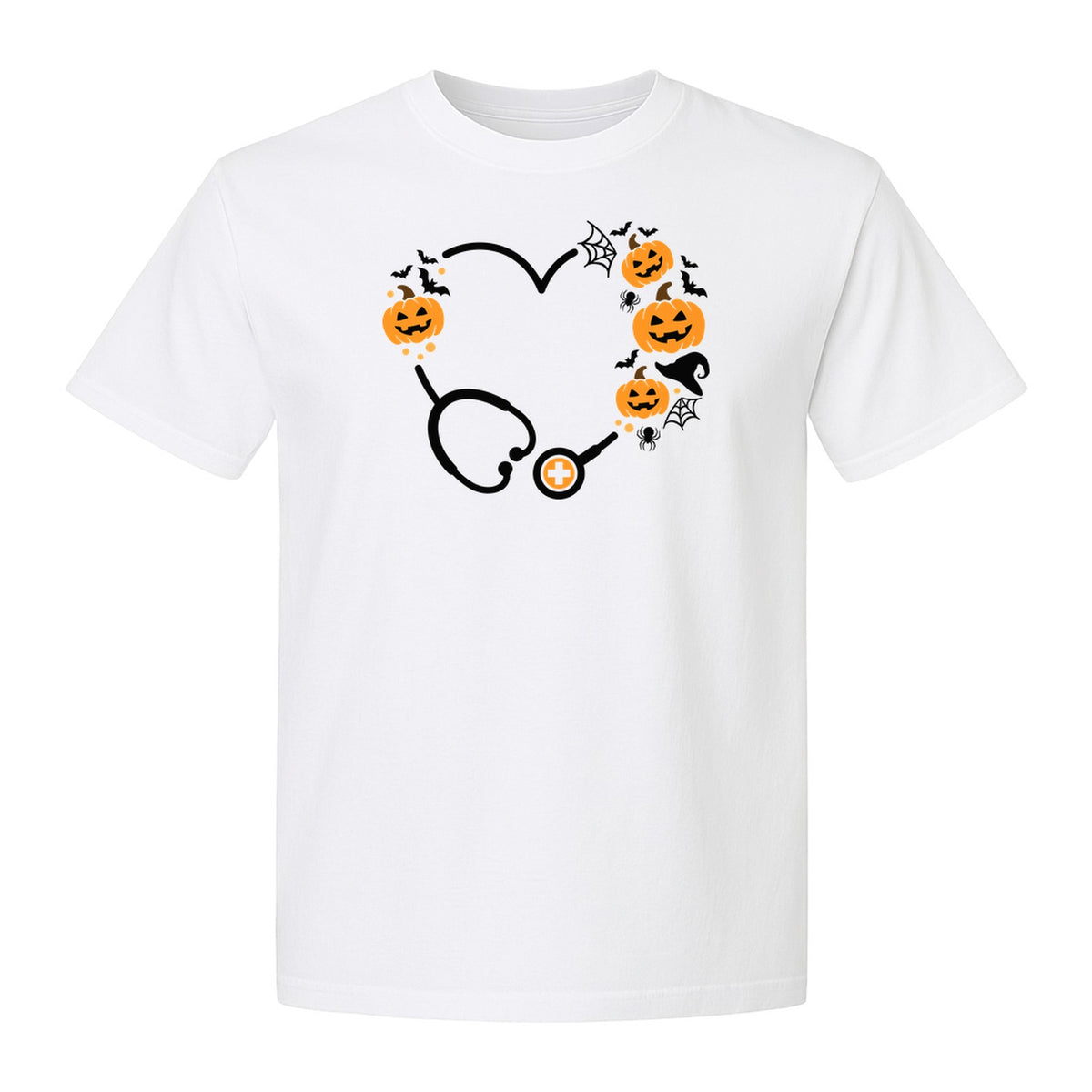 Nurse Halloween T-Shirt, Stethoscope Heart with Pumpkins, Bats and Spiderwebs for Healthcare Workers