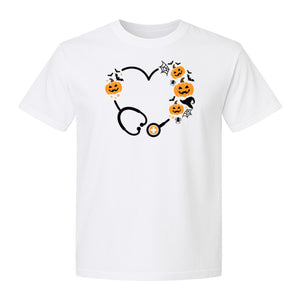 Nurse Halloween T-Shirt, Stethoscope Heart with Pumpkins, Bats and Spiderwebs for Healthcare Workers