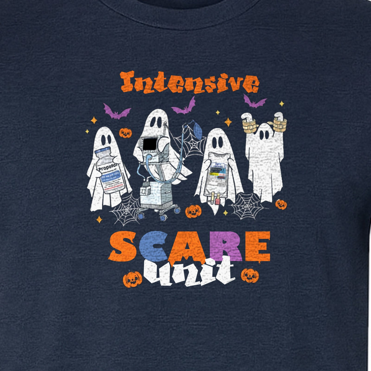 Nurse Halloween T-Shirt, Intensive Scare Unit Ghost Design for ICU Staff and Medical Gifts