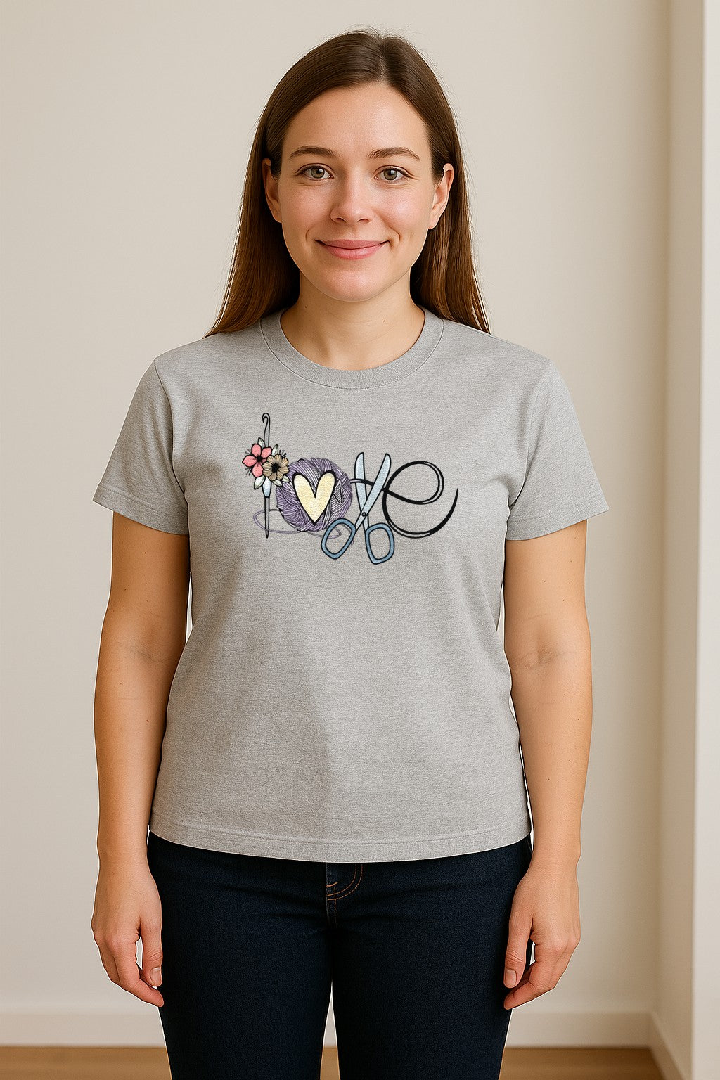 Crochet T-Shirt, Love Yarn Hook and Floral Design for Knitters and Crafters
