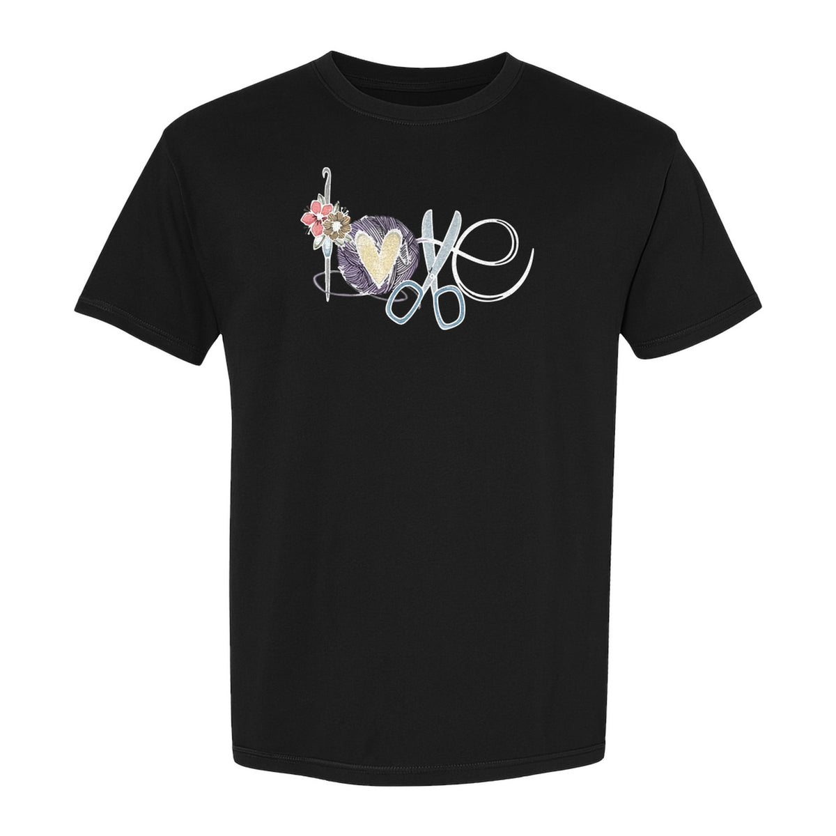 Crochet T-Shirt, Love Yarn Hook and Floral Design for Knitters and Crafters