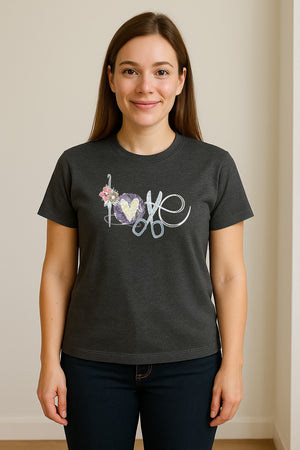 Crochet T-Shirt, Love Yarn Hook and Floral Design for Knitters and Crafters