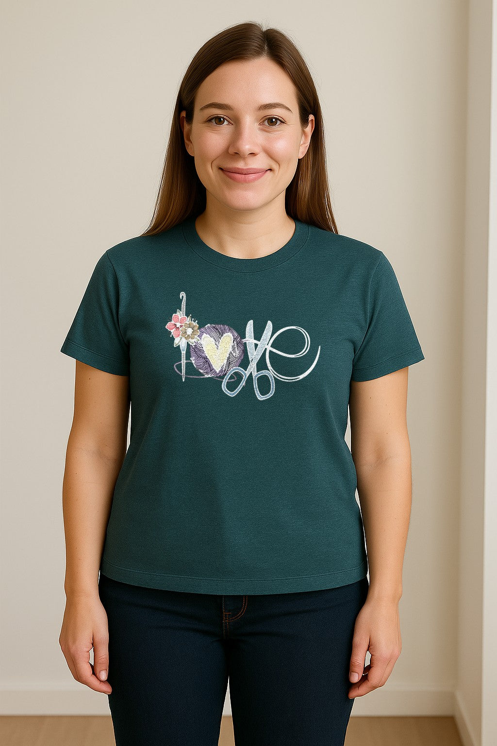 Crochet T-Shirt, Love Yarn Hook and Floral Design for Knitters and Crafters