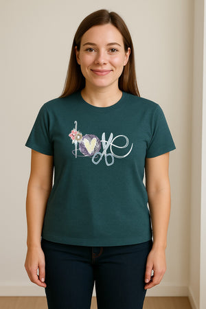 Crochet T-Shirt, Love Yarn Hook and Floral Design for Knitters and Crafters