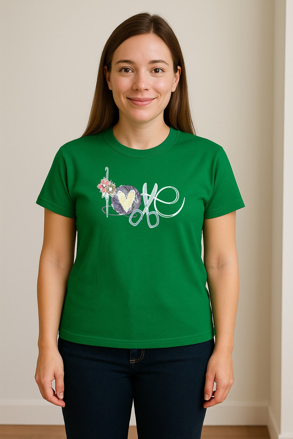 Crochet T-Shirt, Love Yarn Hook and Floral Design for Knitters and Crafters