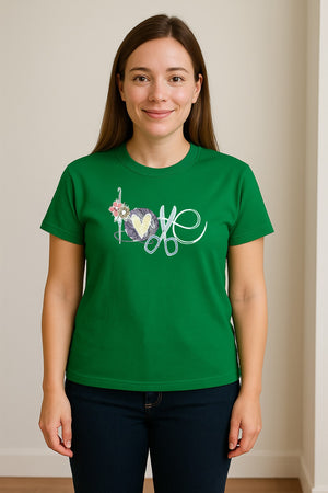 Crochet T-Shirt, Love Yarn Hook and Floral Design for Knitters and Crafters