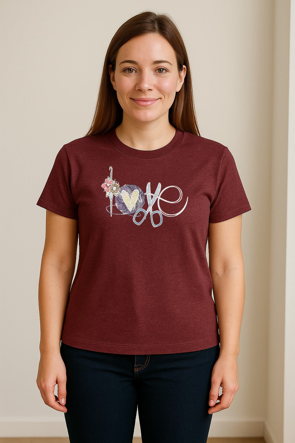 Crochet T-Shirt, Love Yarn Hook and Floral Design for Knitters and Crafters