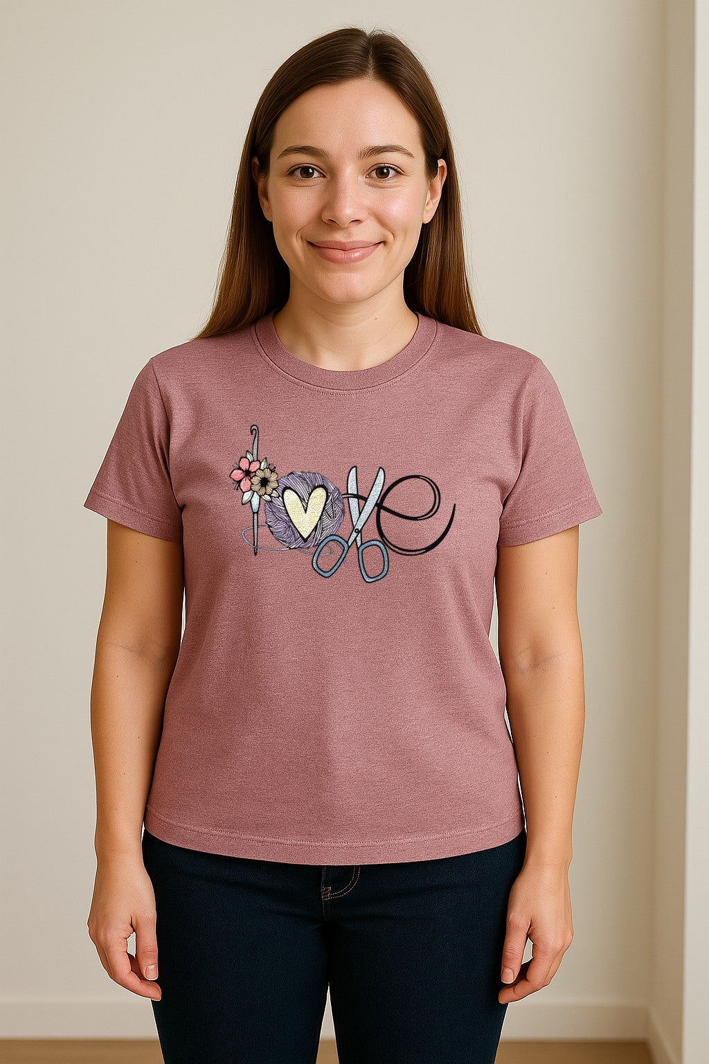 Crochet T-Shirt, Love Yarn Hook and Floral Design for Knitters and Crafters
