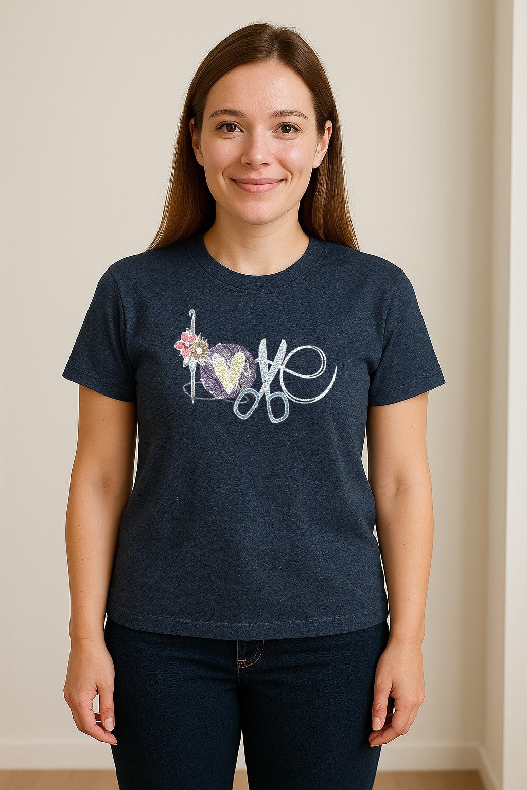 Crochet T-Shirt, Love Yarn Hook and Floral Design for Knitters and Crafters