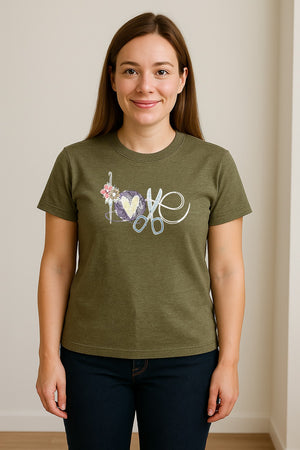 Crochet T-Shirt, Love Yarn Hook and Floral Design for Knitters and Crafters