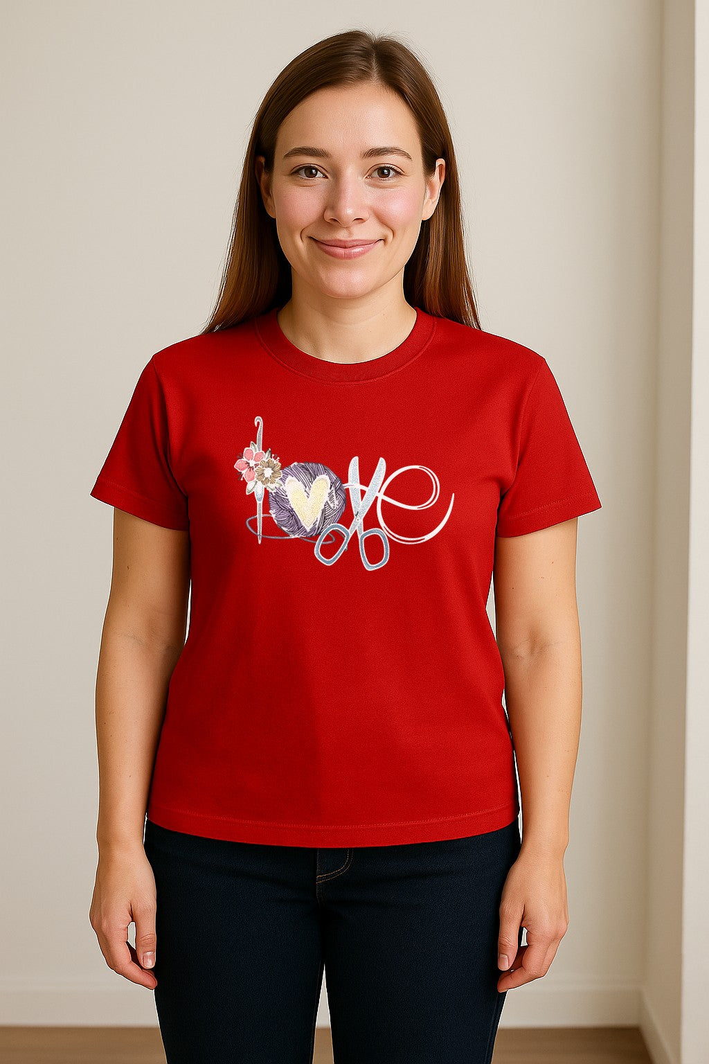Crochet T-Shirt, Love Yarn Hook and Floral Design for Knitters and Crafters