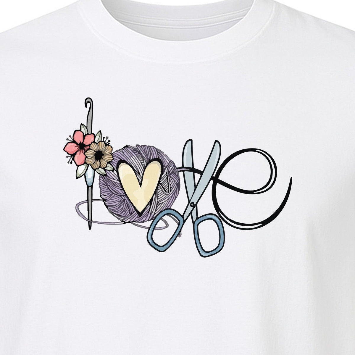 Crochet T-Shirt, Love Yarn Hook and Floral Design for Knitters and Crafters