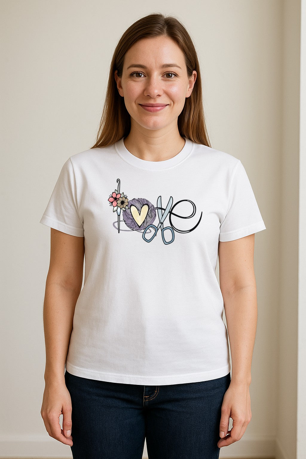 Crochet T-Shirt, Love Yarn Hook and Floral Design for Knitters and Crafters