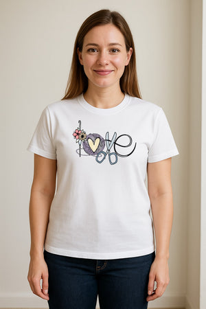 Crochet T-Shirt, Love Yarn Hook and Floral Design for Knitters and Crafters