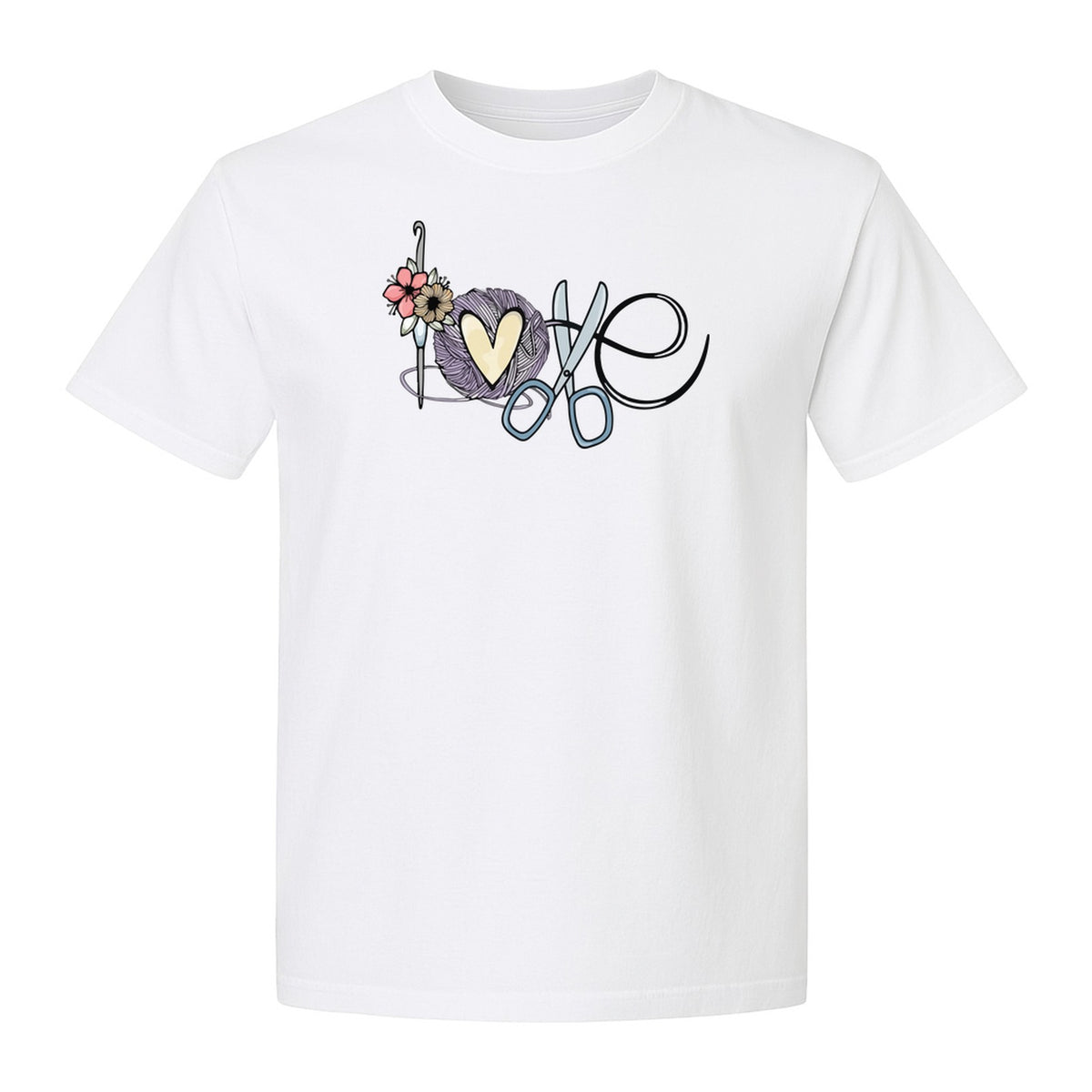 Crochet T-Shirt, Love Yarn Hook and Floral Design for Knitters and Crafters