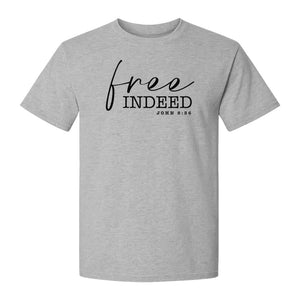 Christian T-Shirt, Free Indeed John 8:36 Faith Bible Verse Design for Sunday Church