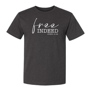 Christian T-Shirt, Free Indeed John 8:36 Faith Bible Verse Design for Sunday Church