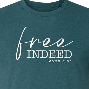 Christian T-Shirt, Free Indeed John 8:36 Faith Bible Verse Design for Sunday Church