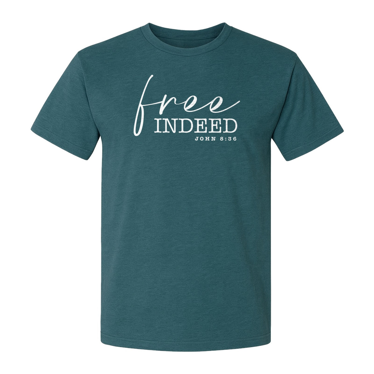 Christian T-Shirt, Free Indeed John 8:36 Faith Bible Verse Design for Sunday Church