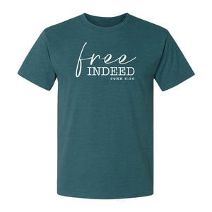Christian T-Shirt, Free Indeed John 8:36 Faith Bible Verse Design for Sunday Church